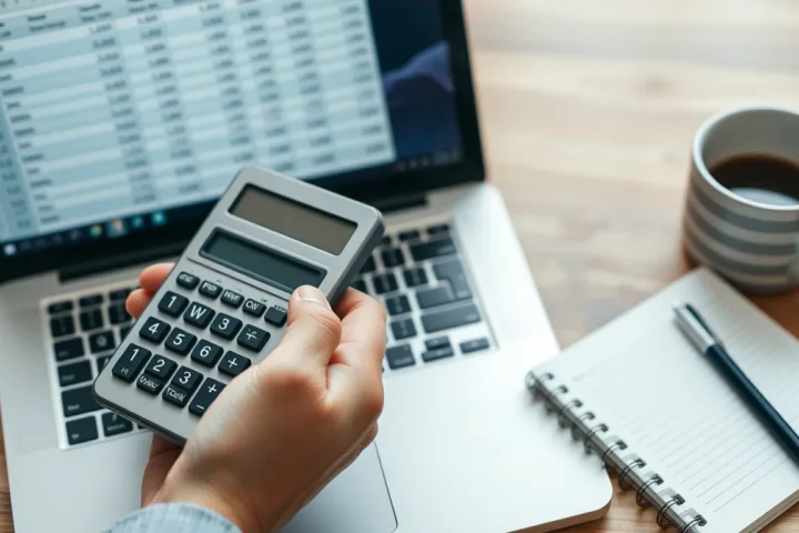 Hand with calculator beside laptop showing spreadsheet, coffee mug, notebook on wooden desk.