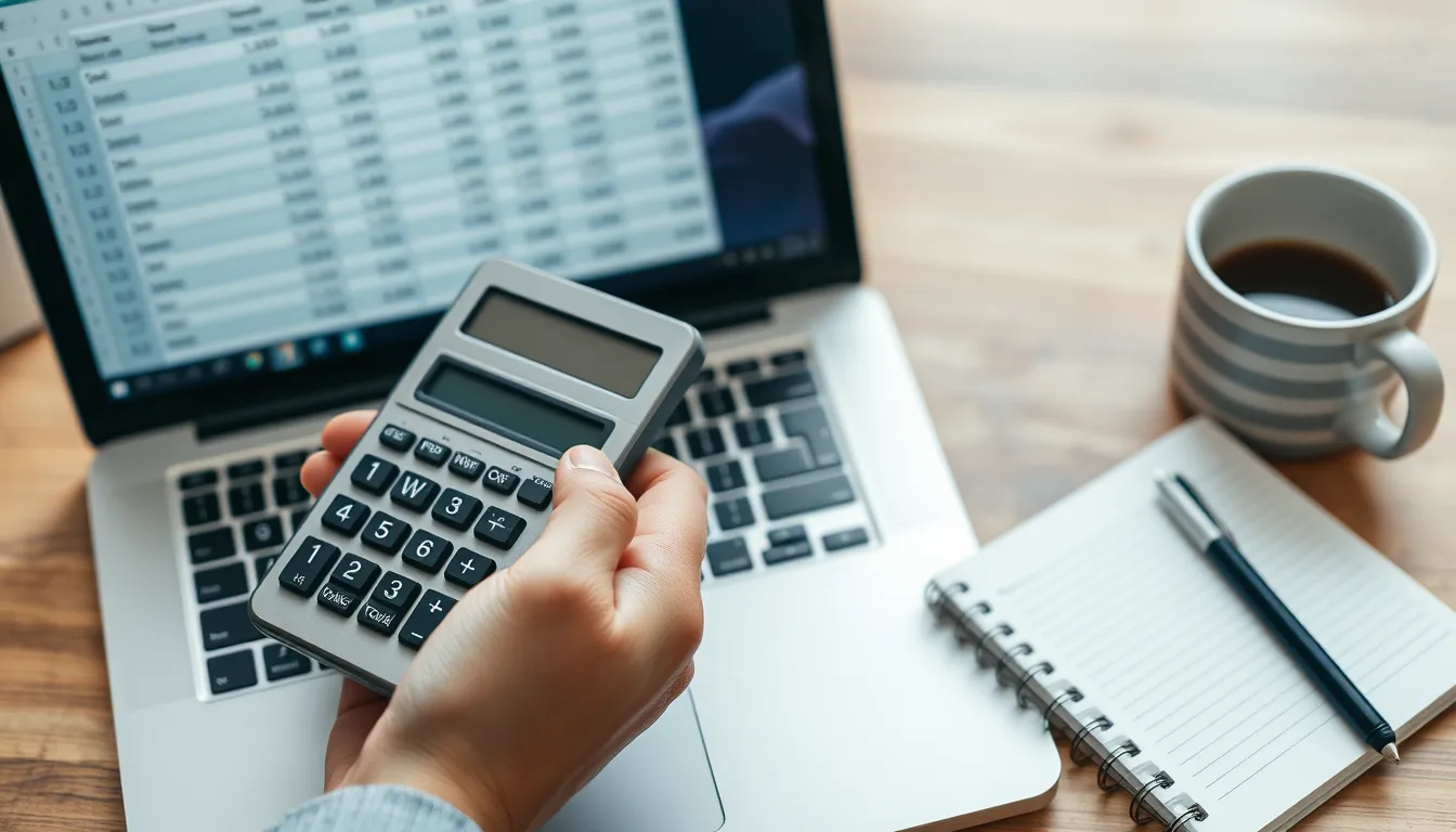 Hand with calculator beside laptop showing spreadsheet, coffee mug, notebook on wooden desk.
