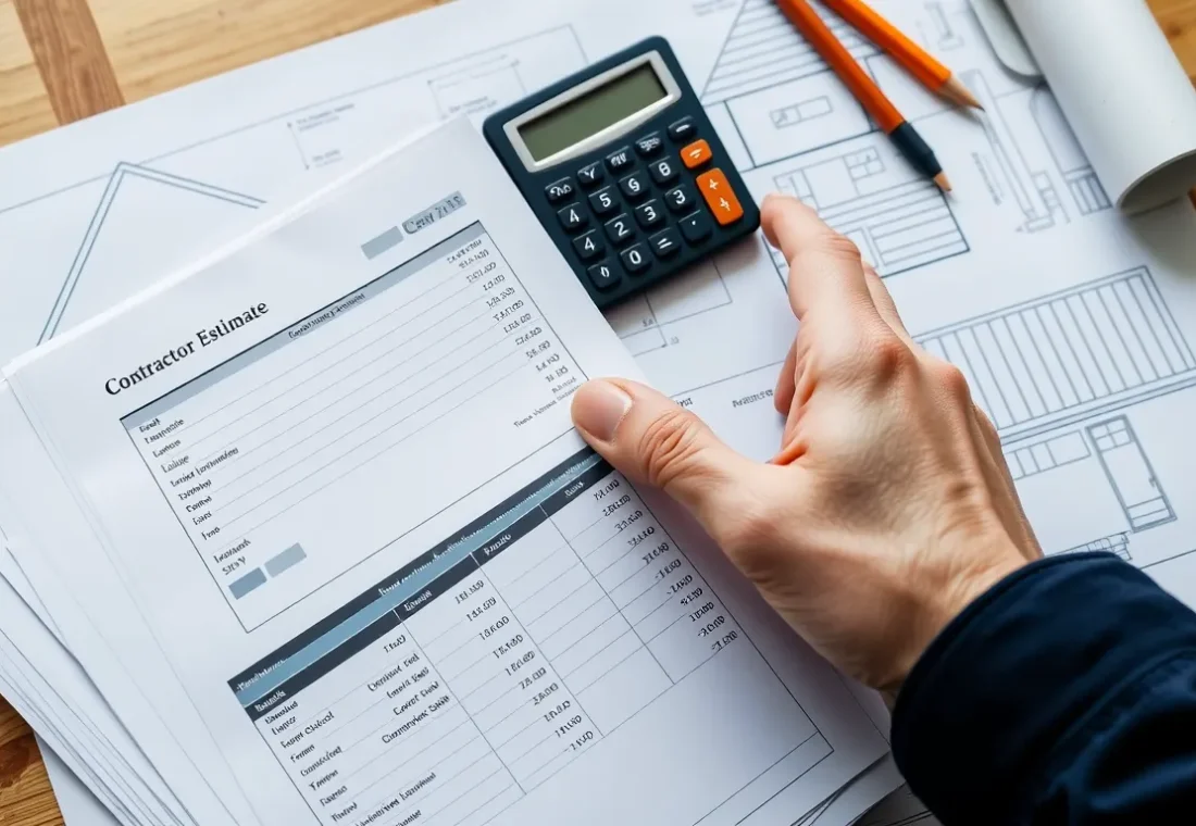 Hand holding contractor estimate sheets, calculator, and house blueprint on a workbench.