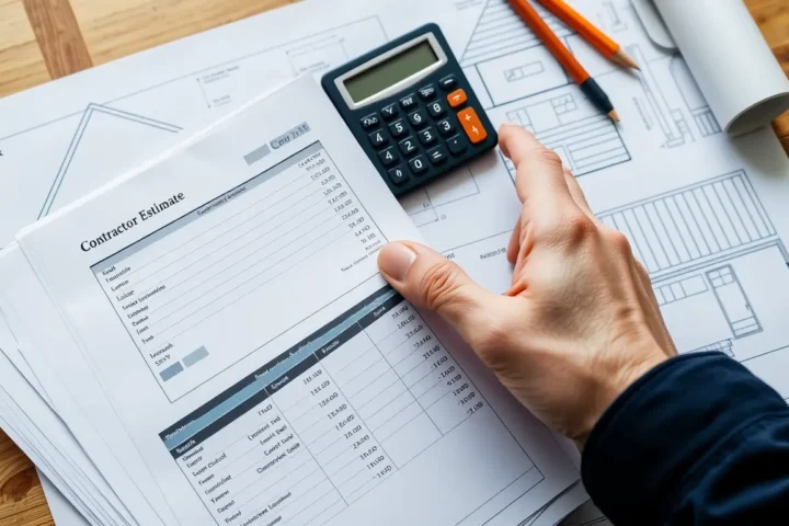 Hand holding contractor estimate sheets, calculator, and house blueprint on a workbench.