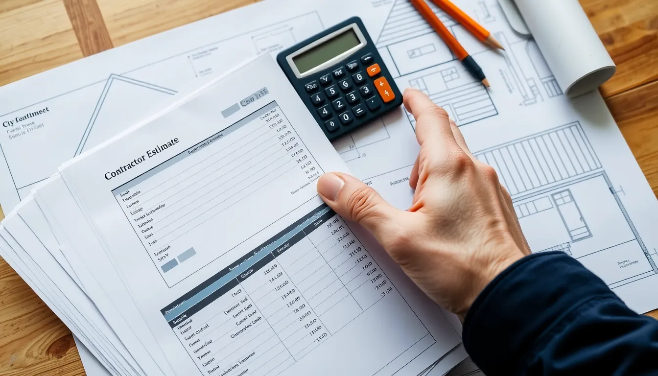 Hand holding contractor estimate sheets, calculator, and house blueprint on a workbench.