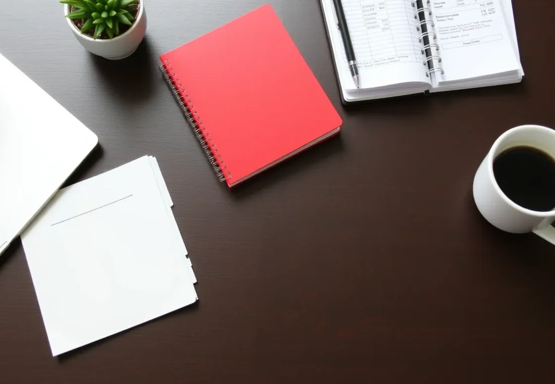 Desk with laptop, calculator, receipts, notebook, coffee mug