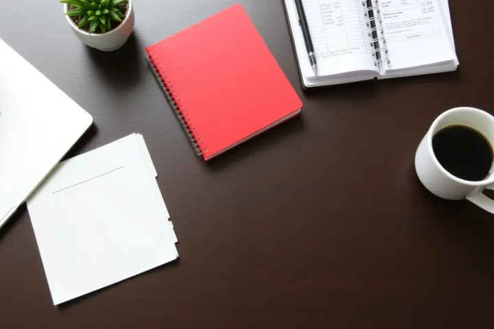 Desk with laptop, calculator, receipts, notebook, coffee mug