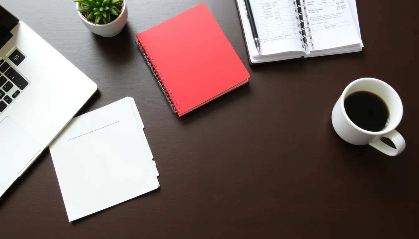 Desk with laptop, calculator, receipts, notebook, coffee mug